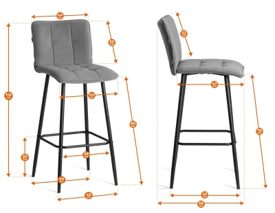Барный стул  Bari/Бари - велюр, серый, 29, 45х56х110 см