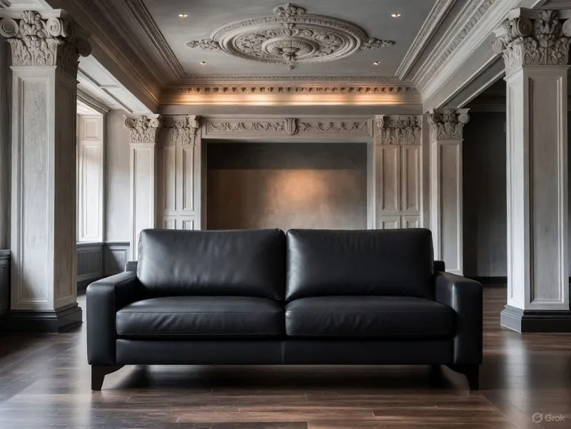 Сочетание черного кожаного дивана с античным декором