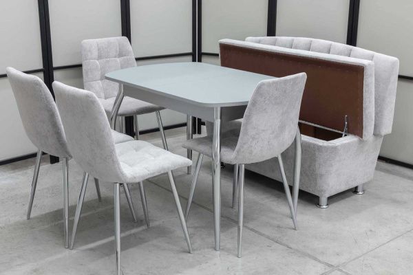Диван, стол, 4 стула хром (серия Альт светло-серый) Диван, стол, 4 стула хром (серия Альт светло-серый) - Кухонные наборыССС