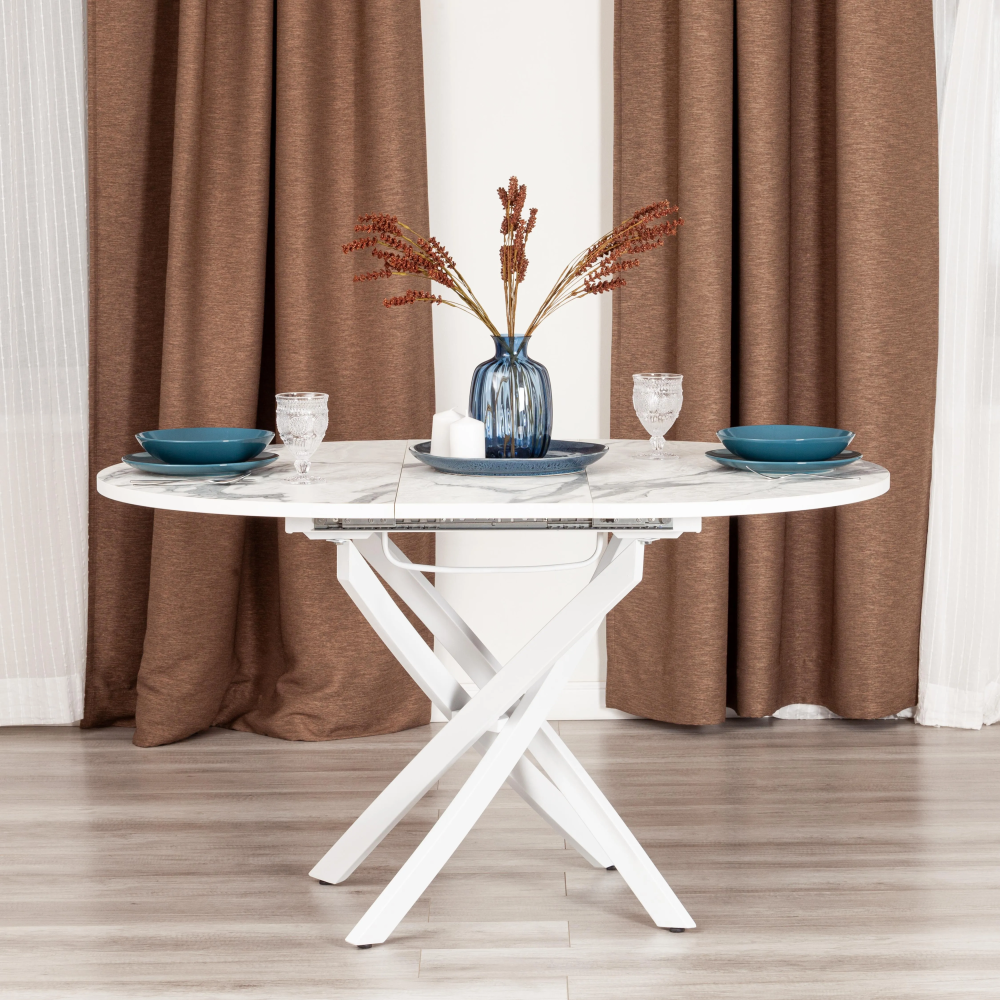 Стол MANZANA - ЛДСП/HPL/металл, 100 х 100+30 х 75 см, Мрамор светлый/белый