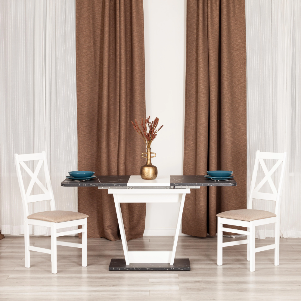 Стол обеденный FOX раздвижной - ЛДСП, 68.6x110-145x75 см, Мрамор черный/Белый