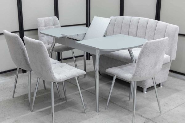 Диван, стол, 4 стула хром (серия Альт светло-серый) Диван, стол, 4 стула хром (серия Альт светло-серый) - Кухонные наборыССС