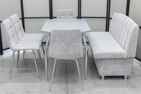 Диван, стол, 4 стула хром (серия Альт светло-серый) Диван, стол, 4 стула хром (серия Альт светло-серый) - Кухонные наборыССС